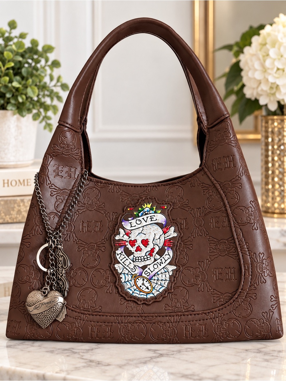 Ed Hardy Brown Embossed Skull Hobo Shoulder Bag with Charm Accent